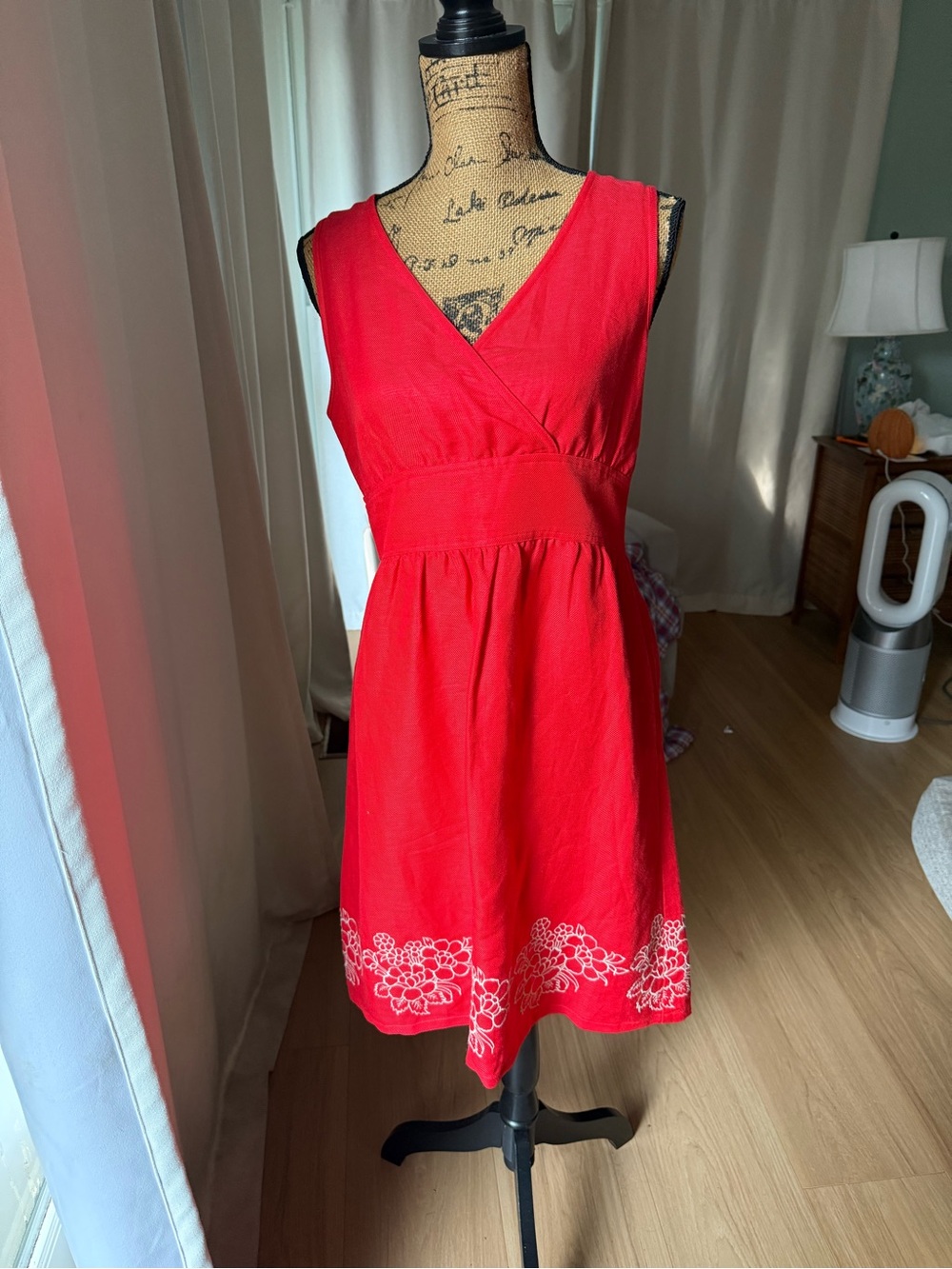 Izod Red V-Neck Midi Dress with White Embroidered Hem